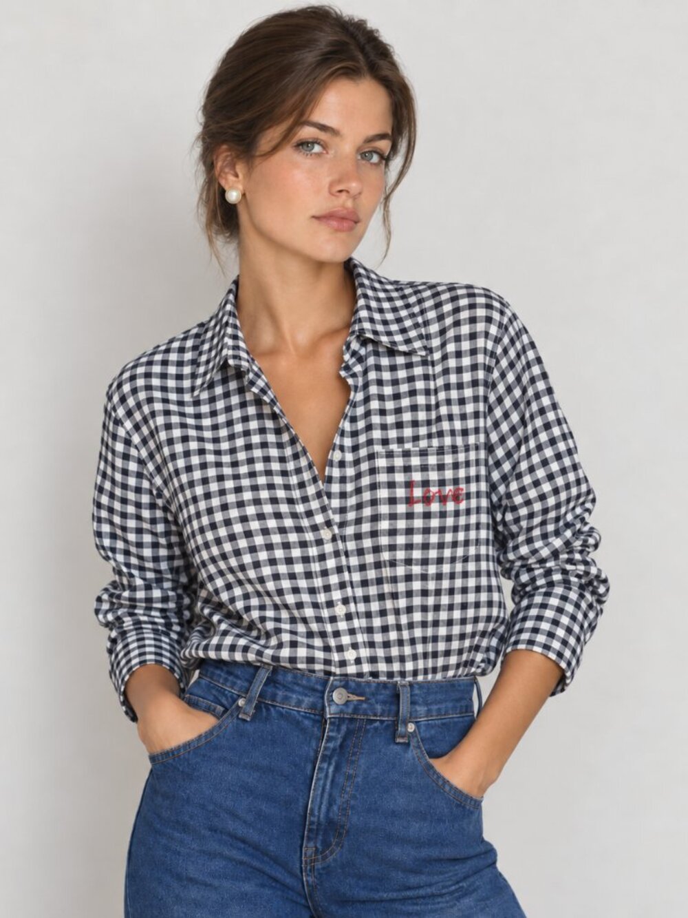 Old Navy Black White Gingham Button Down Shirt Love Embroidery Size XL